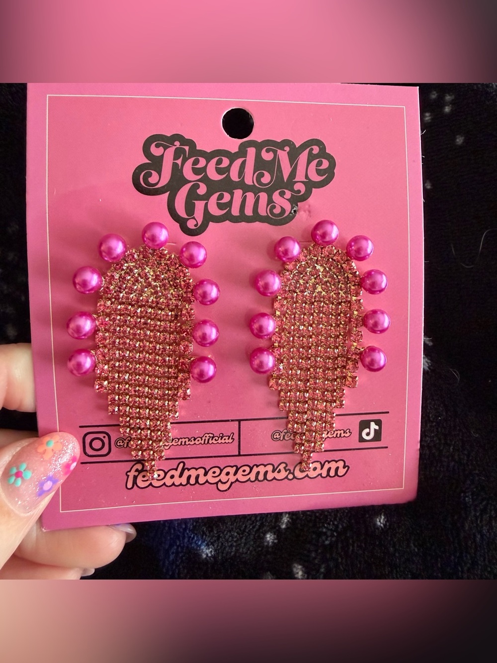 Feed me gems pink pearl rhinestone earrings